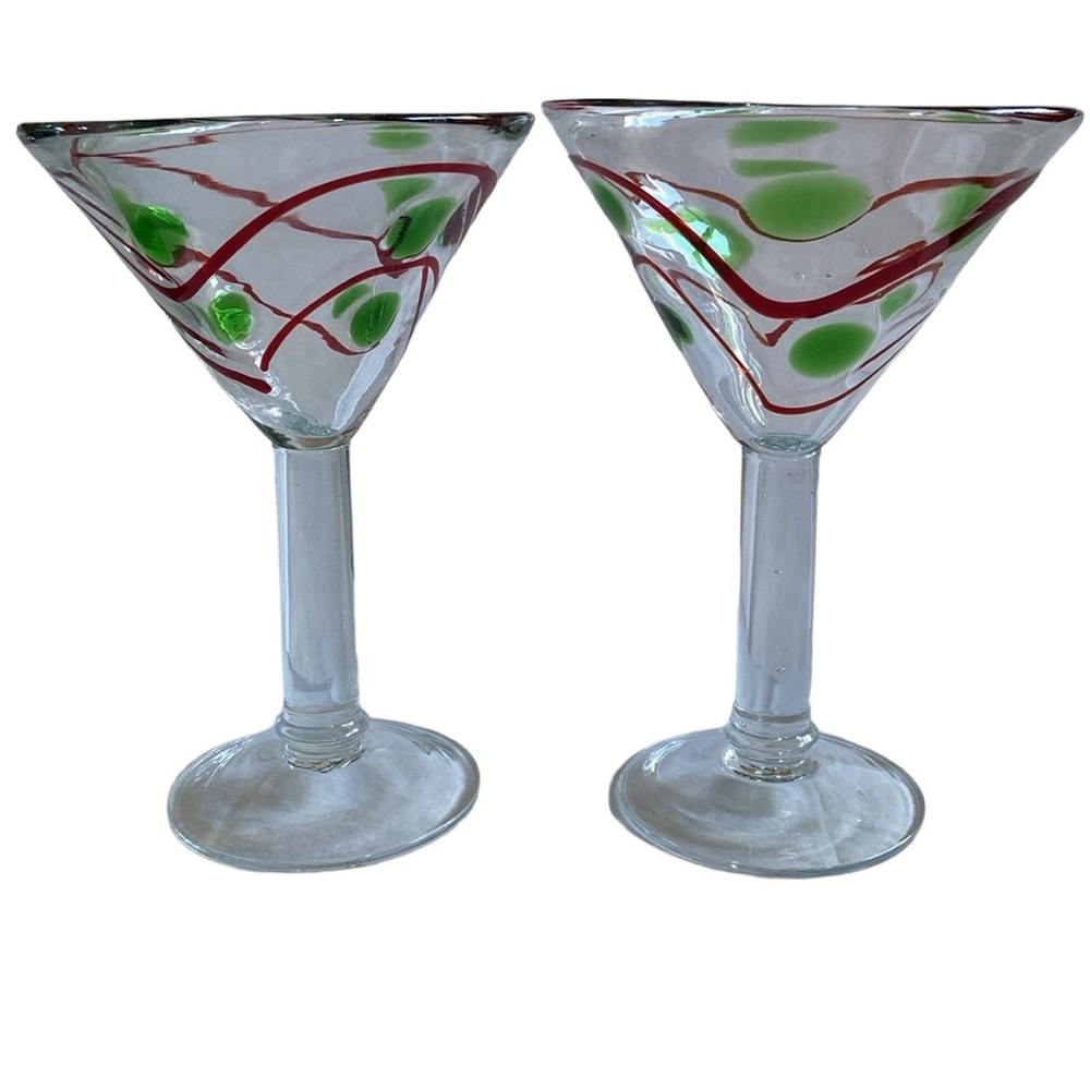 Martini Glasses Set of 2 Hand Blown Clear Glass with Green Dots Red Swirls NICE!